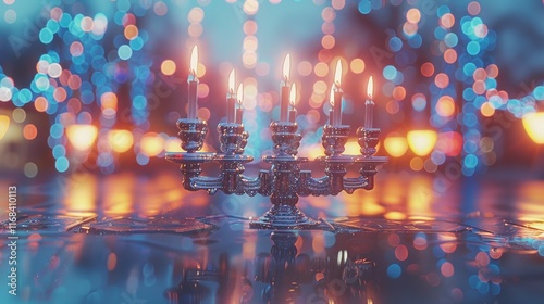 Stunning festive silver menorah with enchanting bokeh effect for a joyous hanukkah celebration photo