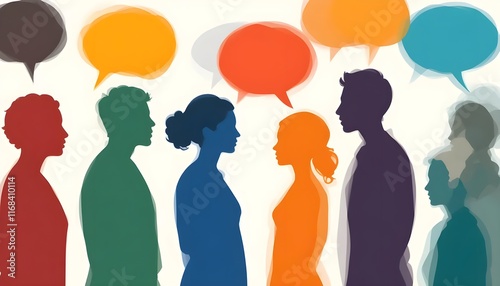 A creative representation of multicultural dialogue, featuring colored silhouette profiles of diverse individuals facing each other, with vibrant speech bubbles connecting them. The design symbolizes  photo