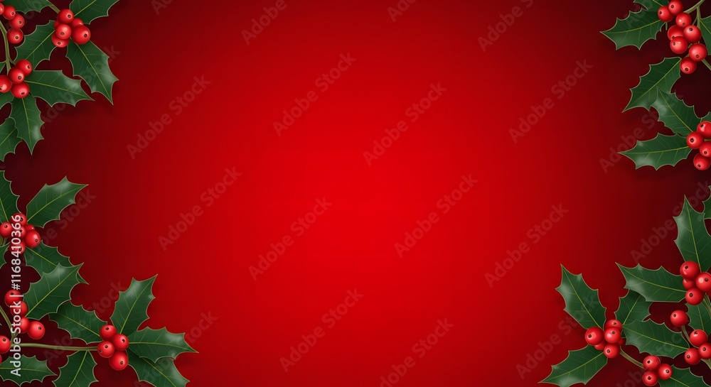 A festive border of holly leaves and berries on a red gradient background A festive border of holly leaves and berries on a red gradient background