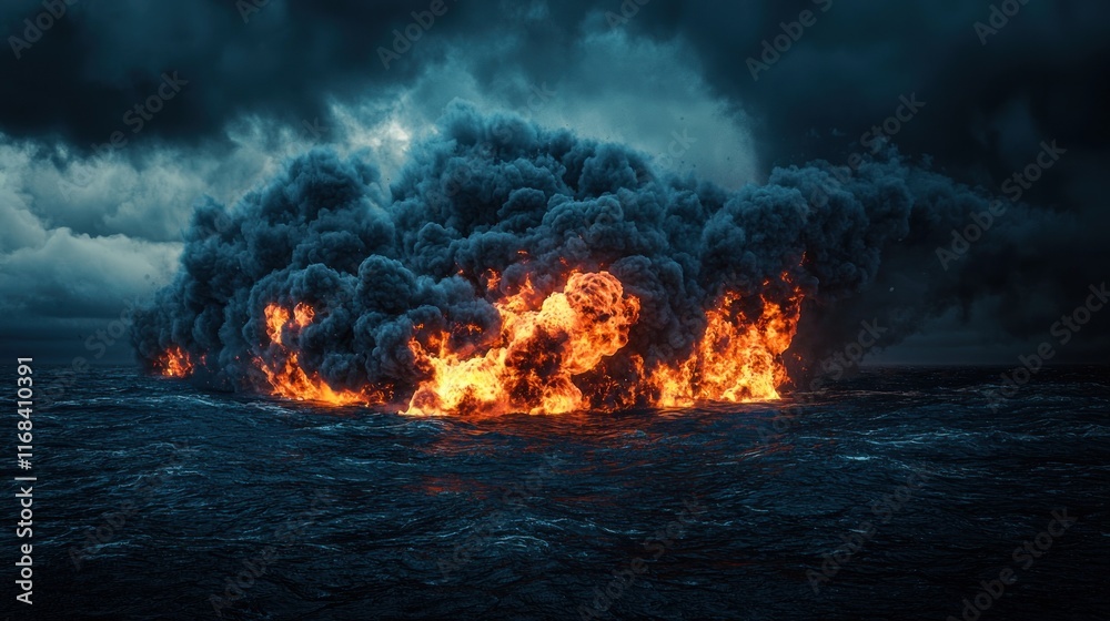 Infernal Seascape: A fiery inferno engulfs the ocean under a stormy sky, creating a dramatic and apocalyptic scene.