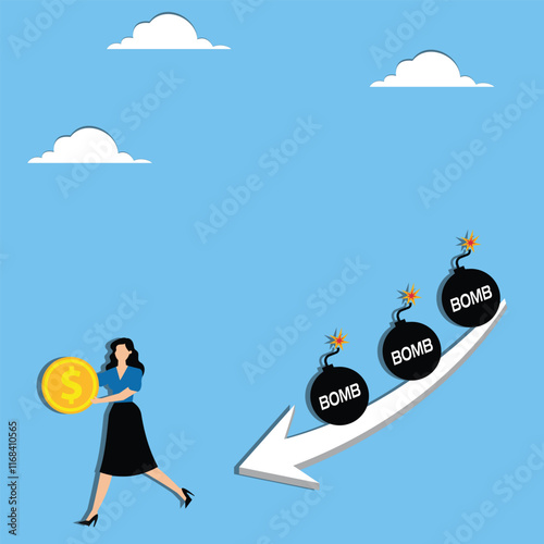 Investment risks, bear markets, economic crises, business losses or investment losses, out of balance on a seesaw with risk bombs falling chasing after running businesswomen