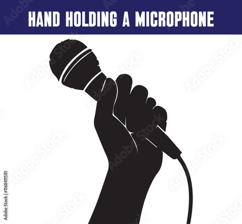 A hand in a fist holding a mic, mike or microphone illustration.
