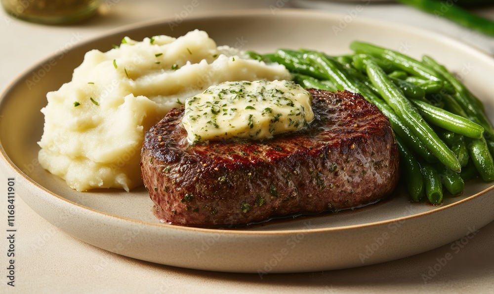 Cooked Filet Mignon with Melted Herb Butter, Mashed Potatoes, and Fresh Green Beans Cooked Filet Mignon with Melted Herb Butter, Mashed Potatoes, and Fresh Green Beans