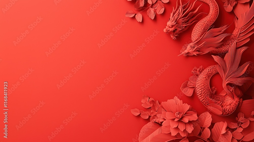 Intricate red dragon and floral design symbolizing strength and beauty in Asian culture, perfect for festive themes.
