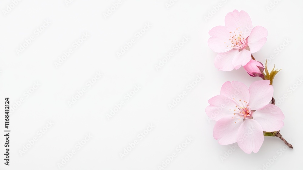 Delicate pink cherry blossoms on a minimalist white background. Delicate pink cherry blossoms on a minimalist white background.