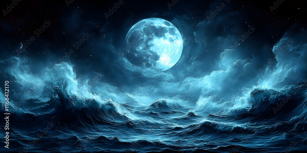 Fototapeta premium Night ocean scene with full moon and waves.