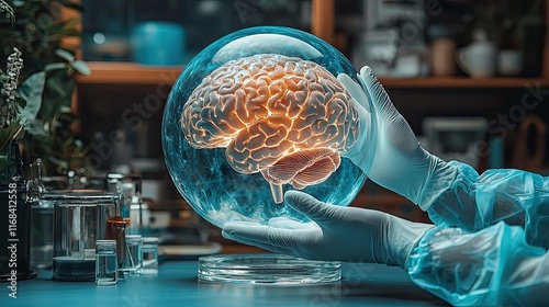 A scientist holds a glowing brain in a glass orb, symbolizing the power and complexity of the human mind.