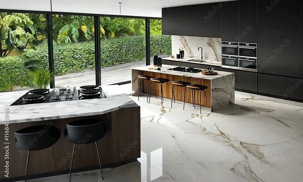 Modern kitchen design featuring a sleek marble island, minimalist furniture, natural light, and polished finishes, creating an inviting culinary space for contemporary living.