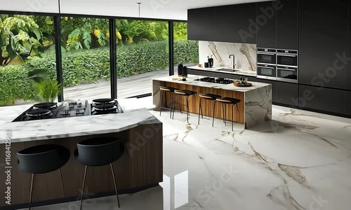 Modern kitchen design featuring a sleek marble island, minimalist furniture, natural light, and polished finishes, creating an inviting culinary space for contemporary living.