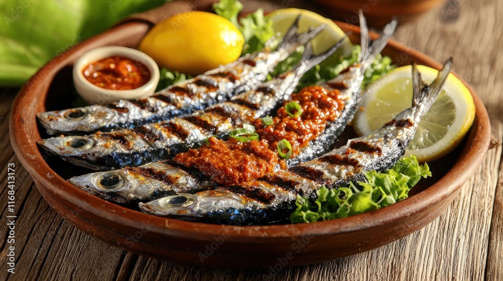 Grilled fish served with lemon, sauce, and fresh greens. Grilled fish served with lemon, sauce, and fresh greens.