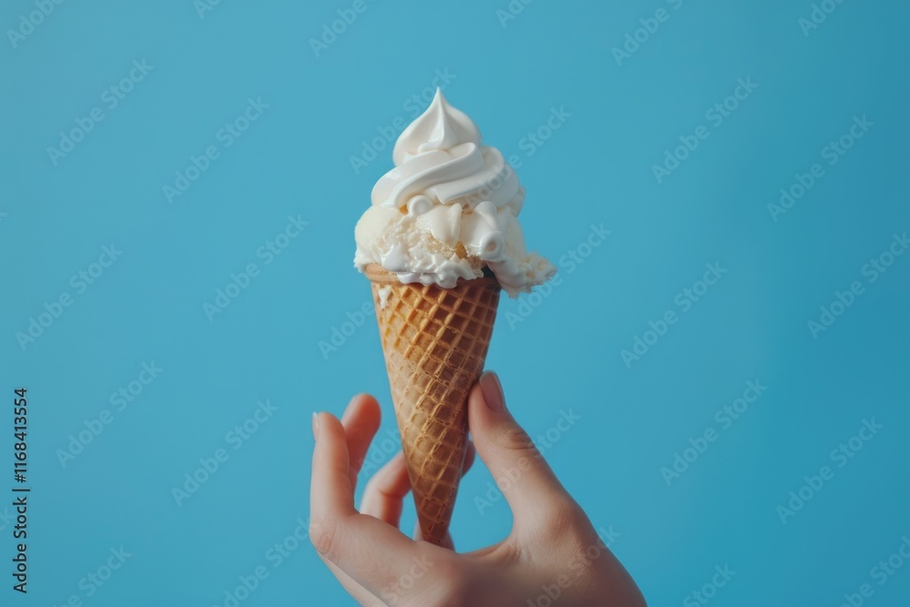 Ice cream Ice cream cone on a blue background. The woman holding the ice cream by hand. Ice cream Ice cream cone on a blue background. The woman holding the ice cream by hand.