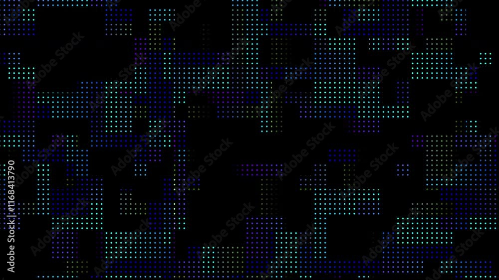 Abstract motion of white dots halftone geometrically pattern at flat black background. 3d render loop animation
