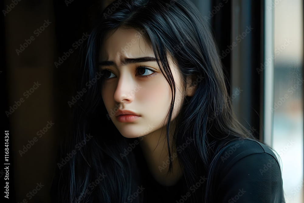 Woman with long black hair is looking out the window with a sad expression. She is wearing a black shirt and she is in a contemplative mood Woman with long black hair is looking out the window with a sad expression. She is wearing a black shirt and she is in a contemplative mood
