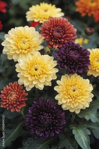 Close-up of colorful chrysanthemum flowers in various shades of yellow, orange, and purple.