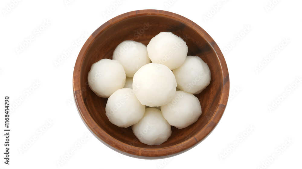 Sweet and Delicate: A rustic wooden bowl brimming with a collection of perfectly formed, white mochi balls, capturing the essence of Japanese culinary tradition. Sweet and Delicate: A rustic wooden bowl brimming with a collection of perfectly formed, white mochi balls, capturing the essence of Japanese culinary tradition.