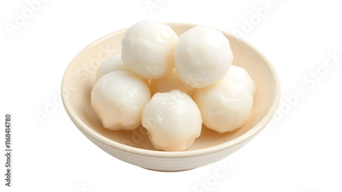 White Fish Balls in a Bowl: Close-up shot of white fish balls arranged in a bowl, perfect for showcasing a healthy and protein-rich snack or ingredient in Asian cuisine. 