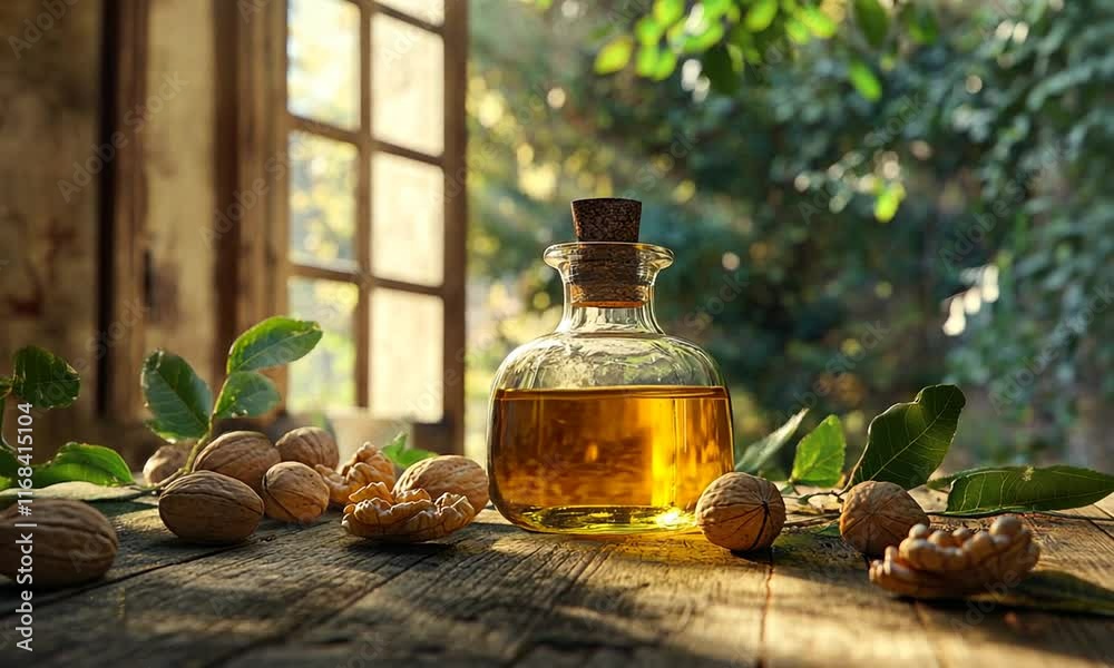 Walnut Oil: Nature's Golden Elixir, Rustic Still Life Walnut Oil: Nature's Golden Elixir, Rustic Still Life