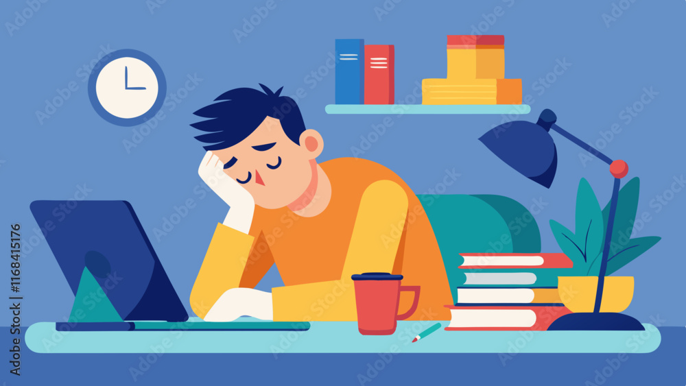 Fototapeta premium Exhausted Student Sleeping on Desk, Hand-Drawn Illustration of Study Burnout