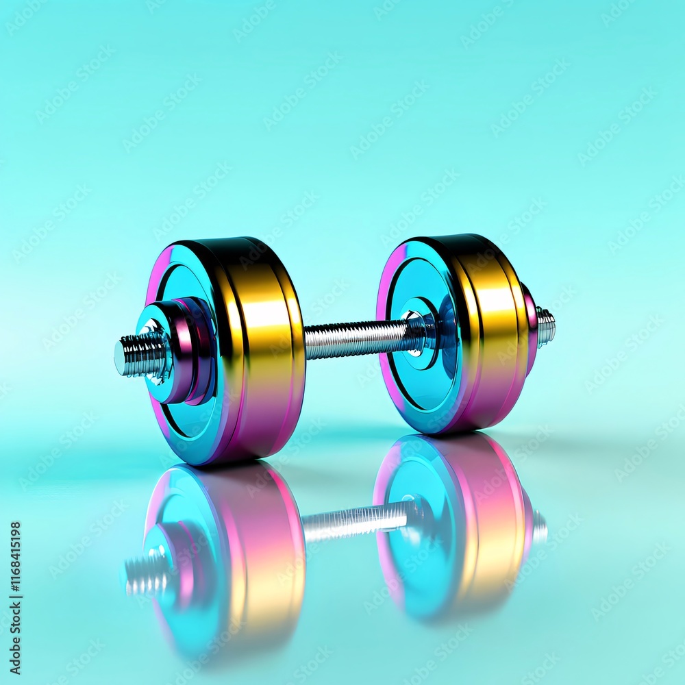 Colorful dumbbell on reflective surface. Colorful dumbbell on reflective surface.