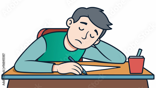 Exhausted Student Sleeping on Desk, Hand-Drawn Illustration of Study Burnout