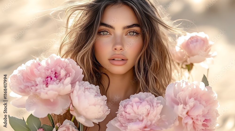 Radiant Woman Amidst Blooming Pink Peonies: A Soft, Dreamy Portrait Radiant Woman Amidst Blooming Pink Peonies: A Soft, Dreamy Portrait