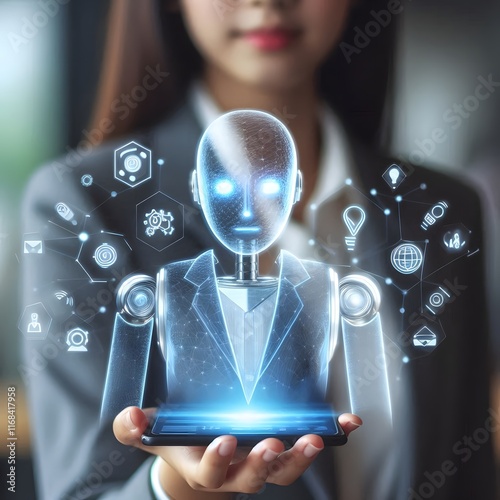 AI Generate of Businesswoman holding hologram digital chatbot, robot application, conversation assistant, a digital chatbot on virtual screen