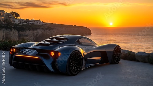 Futuristic sports car at sunset ocean view.