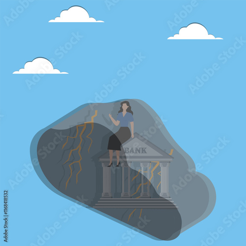 Banking Crisis, Financial Crisis or Debt Insolvency Problems, Credit Problems and Risks, Distressed Businesswoman Sitting on a Bank Shrouded in Dark Clouds and Lightning