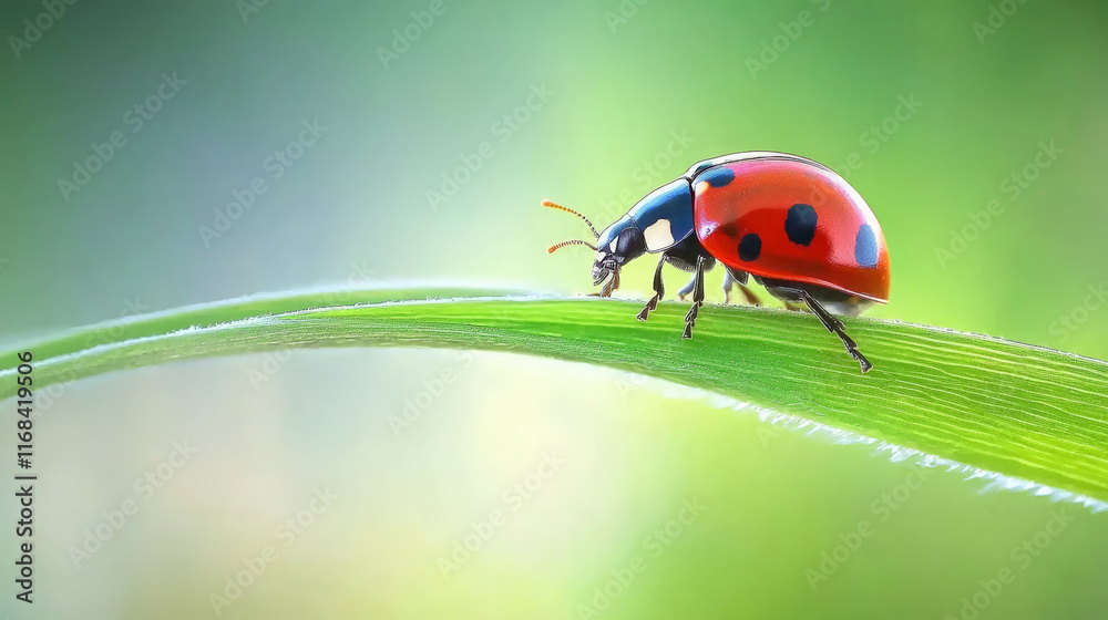 ladybug crawling on green leaf, showcasing vibrant colors and details ladybug crawling on green leaf, showcasing vibrant colors and details