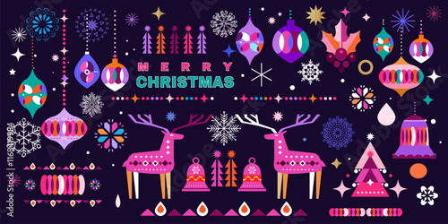 Merry Christmas and Happy New Year holiday abstract background template set decor elements Xmas vector illustration	
