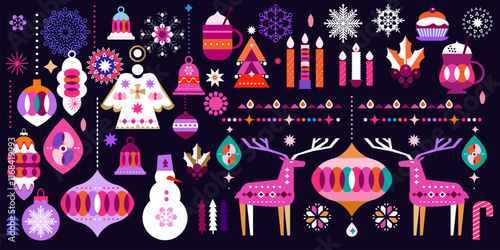 Merry Christmas and Happy New Year holiday abstract background template set decor elements Xmas vector illustration	
