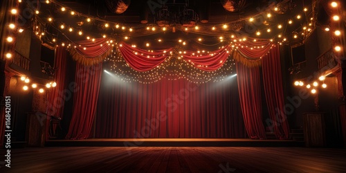 Empty stage with red curtains, lights, and wooden floor. (2)