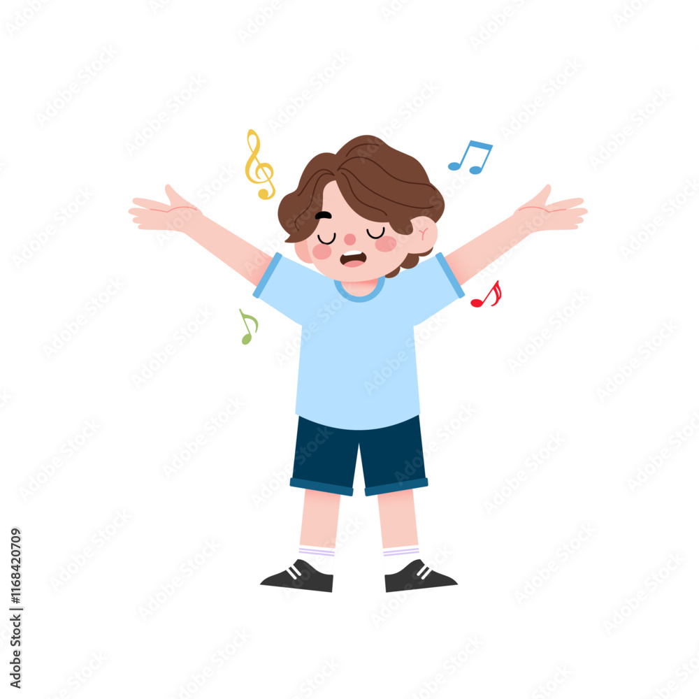 Happy Boy Child Singing Song from Book Cute Cartoon Illustration Music Notes Happy Boy Child Singing Song from Book Cute Cartoon Illustration Music Notes