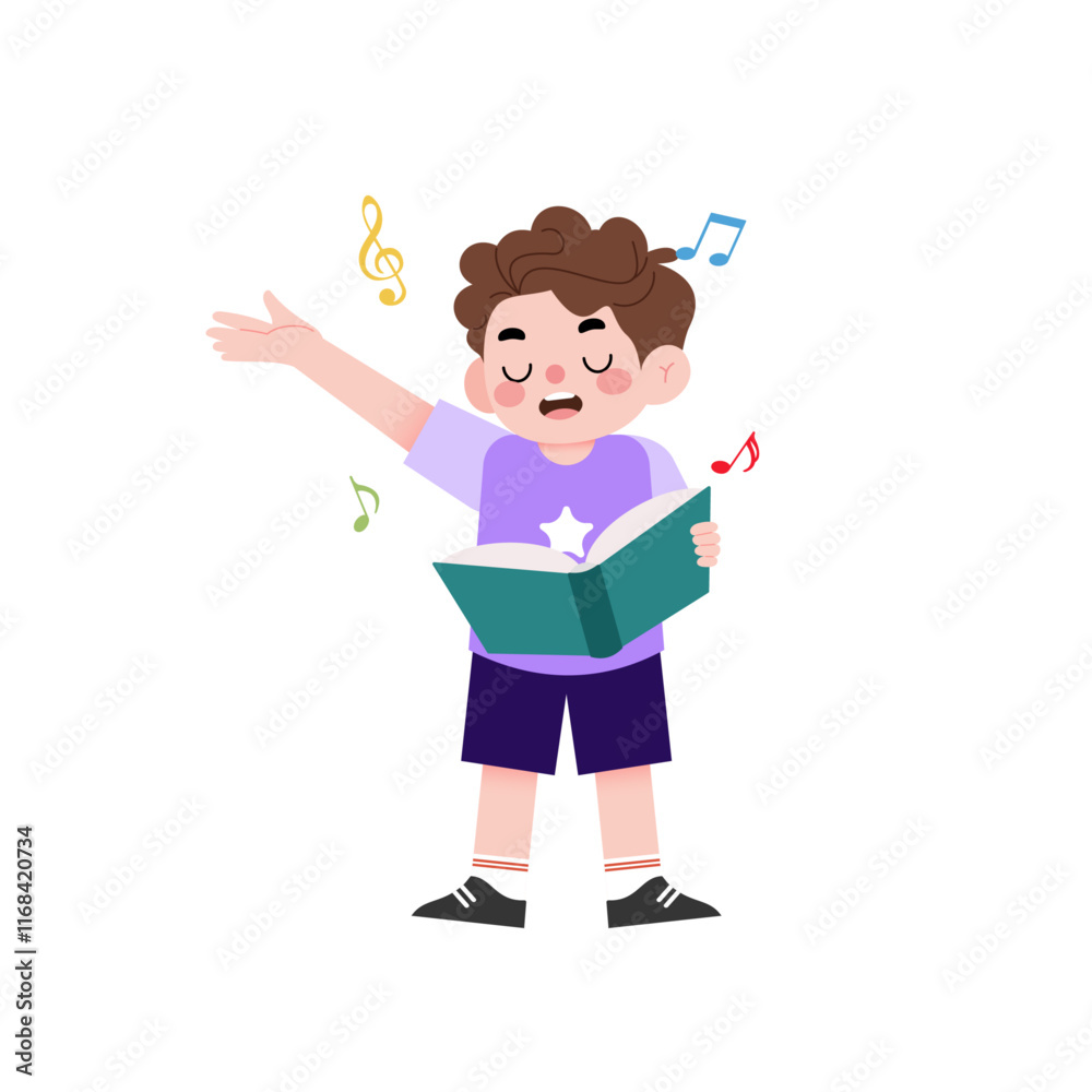 Joyful Boy Singing Holding Book Musical Notes Surrounding Him Cartoon Illustration Joyful Boy Singing Holding Book Musical Notes Surrounding Him Cartoon Illustration