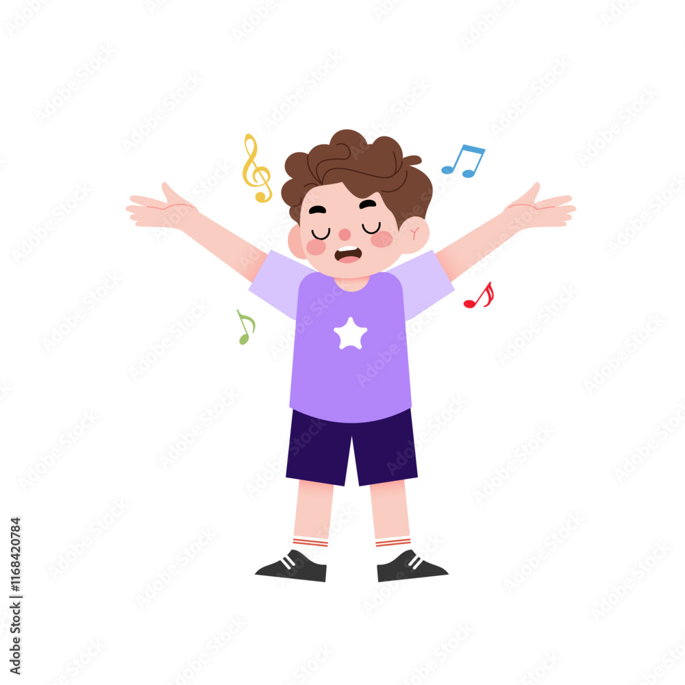 Happy Boy Singing Cartoon Illustration Music Notes Joyful Child Purple Shirt Happy Boy Singing Cartoon Illustration Music Notes Joyful Child Purple Shirt