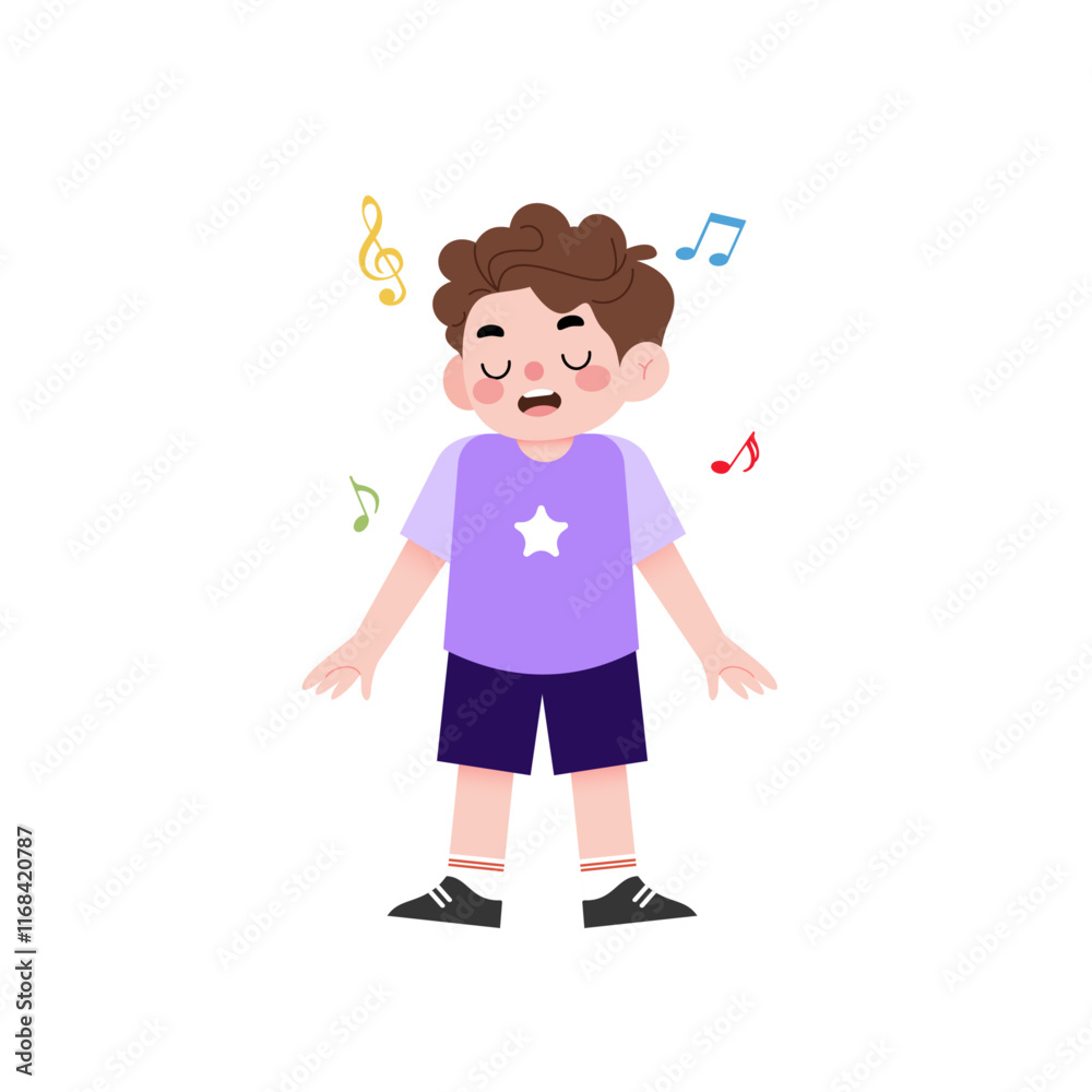 Happy Little Boy Singing Cute Child Cartoon Illustration Music Notes Happy Little Boy Singing Cute Child Cartoon Illustration Music Notes