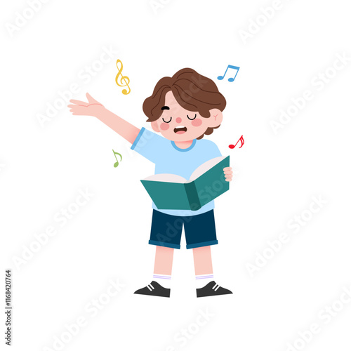 Happy Boy Singing Cartoon Illustration Musical Notes Child Joyful Kids Music Cute Singing Child