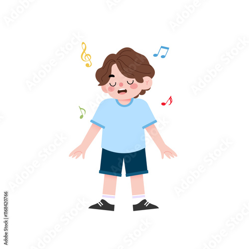 Happy Boy Singing Cartoon Illustration Child Music Joyful Kid Vocal Performance