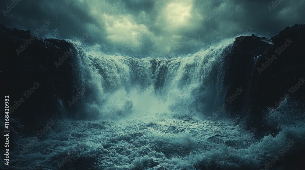 Obraz premium Dramatic waterfall cascading over dark rocks under stormy sky.