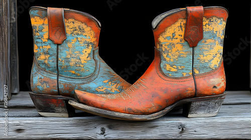 Pair of vintage orange and teal cowboy boots with distressed leather, displayed on a rustic wooden surface against a black background. photo