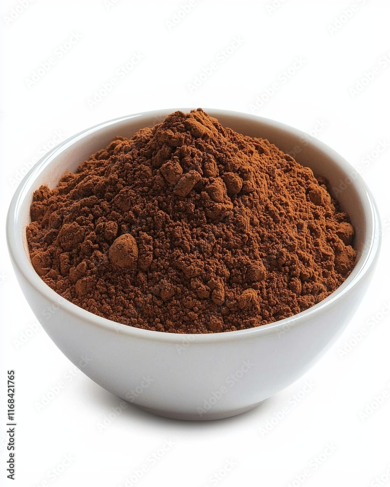 Exploring food supplements raw cacao powder in a ceramic bowl on white surface Exploring food supplements raw cacao powder in a ceramic bowl on white surface