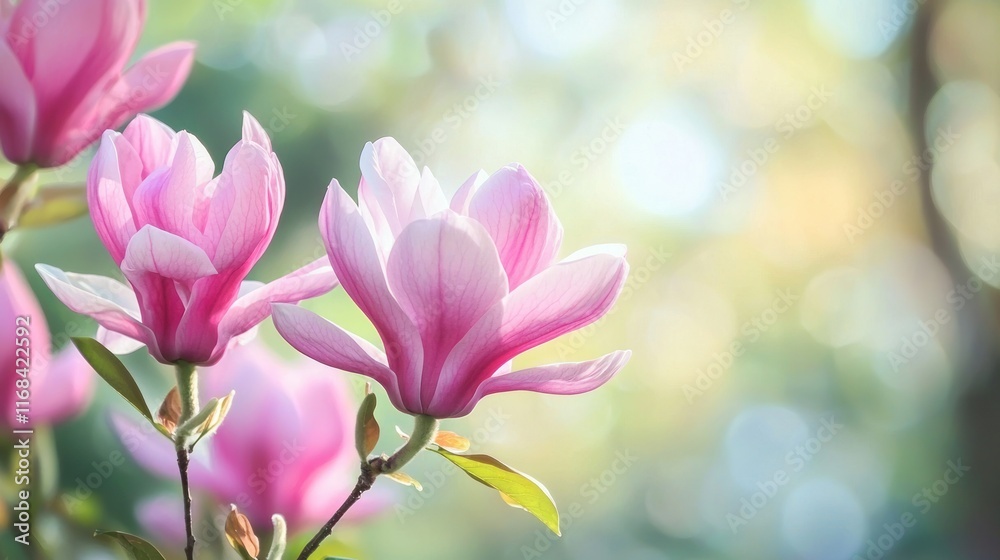 Fototapeta premium Delicate Pink Magnolia Blossoms In Spring Sunlight