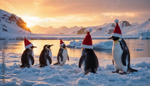  A group of penguins wearing small Santa hats.  Standing in a snowy landscape near the Antarctic Peninsula.  Icy waters and a golden sunset creating a whimsical holiday mood.