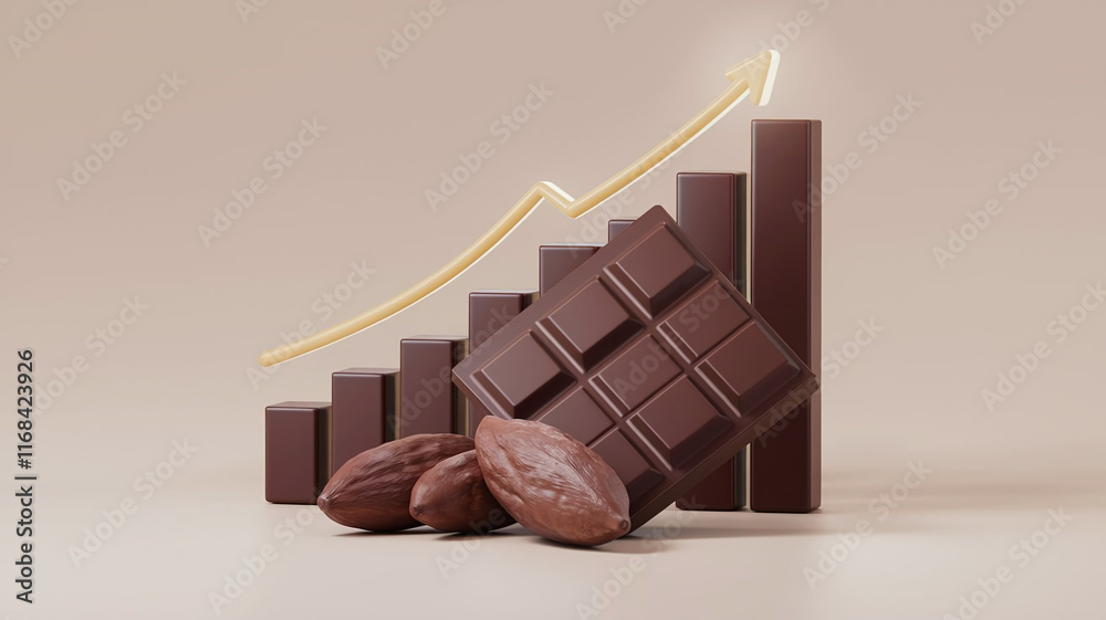 Illustration of a chocolate bar and cocoa beans with an upward trend line, representing rising cocoa prices, perfect for economic, agricultural, or food industry visuals. Illustration of a chocolate bar and cocoa beans with an upward trend line, representing rising cocoa prices, perfect for economic, agricultural, or food industry visuals.