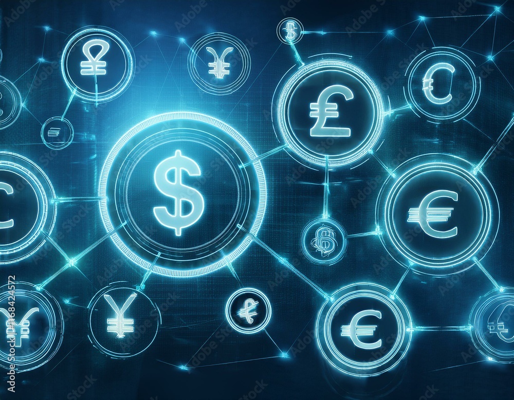 Global Finance Network: A futuristic illustration of interconnected currency symbols, representing the global financial market and its intricate web of transactions. Global Finance Network: A futuristic illustration of interconnected currency symbols, representing the global financial market and its intricate web of transactions.