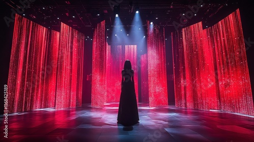 Elegant silhouette of a woman on stage illuminated by vibrant red lights, surrounded by glowing curtains in a dramatic theater performance setting.