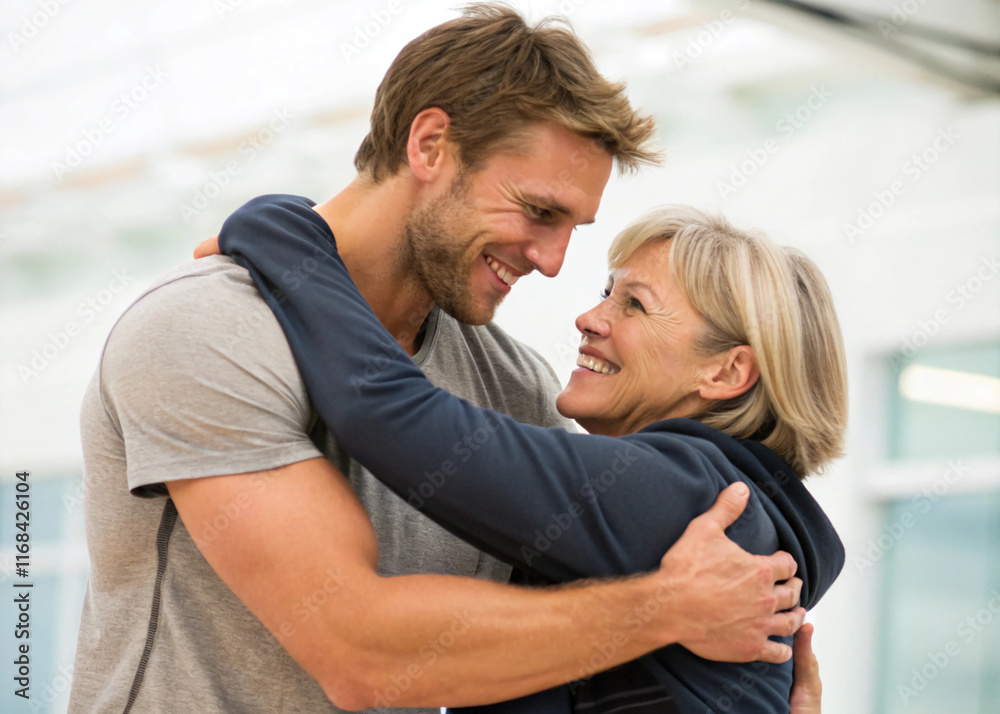 Photo of an embrace between two people, one is a tall, muscular man with short, brown hair, and the other is a woman with shoulder-length, blonde, straightened hair. They smile as she hugs him from be Photo of an embrace between two people, one is a tall, muscular man with short, brown hair, and the other is a woman with shoulder-length, blonde, straightened hair. They smile as she hugs him from be