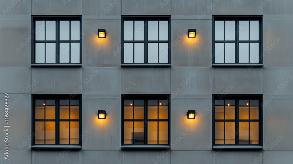 Symmetrical modern building facade with illuminated windows and exterior wall lights Symmetrical modern building facade with illuminated windows and exterior wall lights