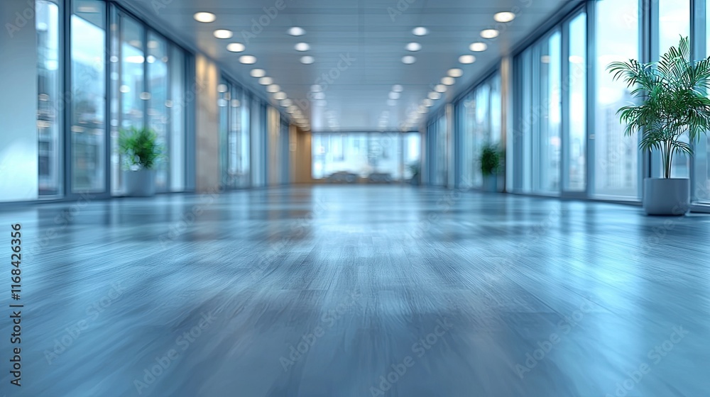 Fototapeta premium Spacious modern interior with large windows and polished wooden floor in an office space during daytime