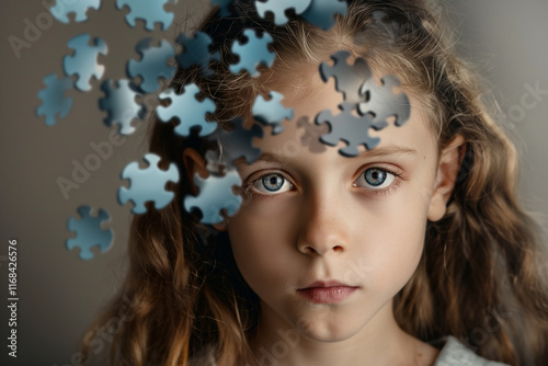 Little girl with puzzles. World Autism Awareness Day or Month concept and child mental health concept.